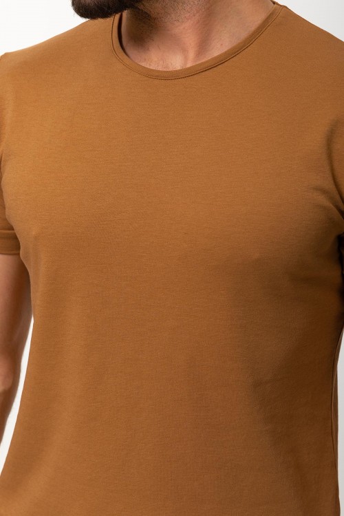 Camel Color Cotton And Elastane Fabric With Crew Neck Detail Basic Mens T Shirt