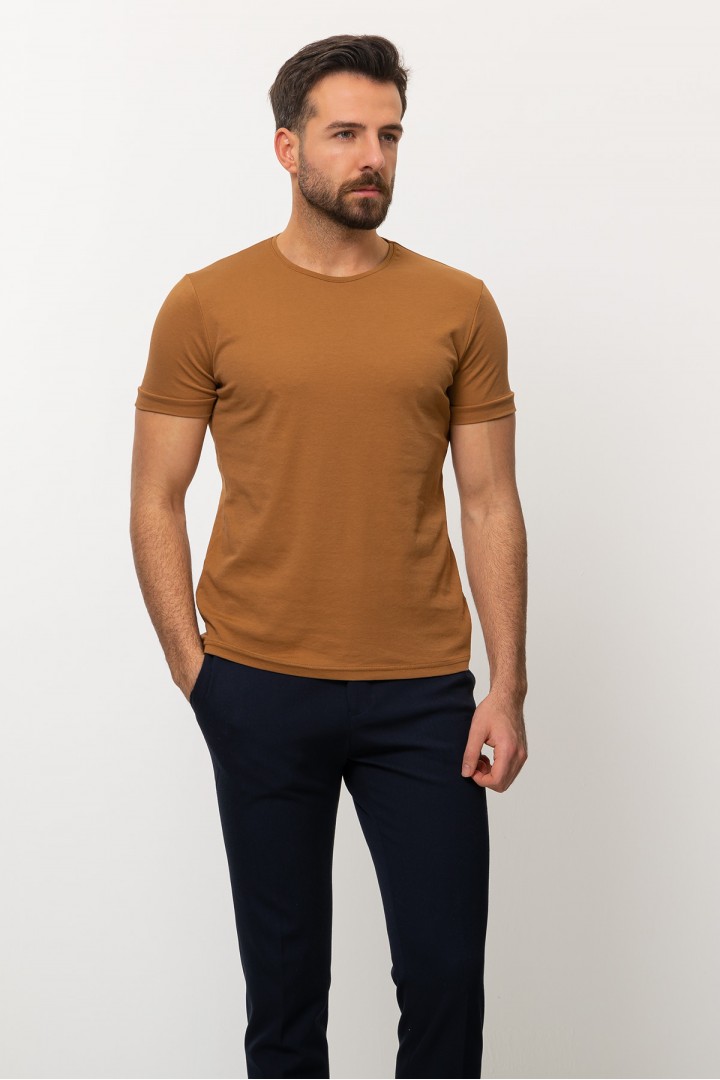 Camel Color Cotton And Elastane Fabric With Crew Neck Detail Basic Mens T Shirt
