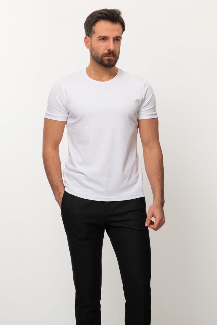 White Color Cotton And Elastane Fabric With Crew Neck Detail Basic Mens T Shirt