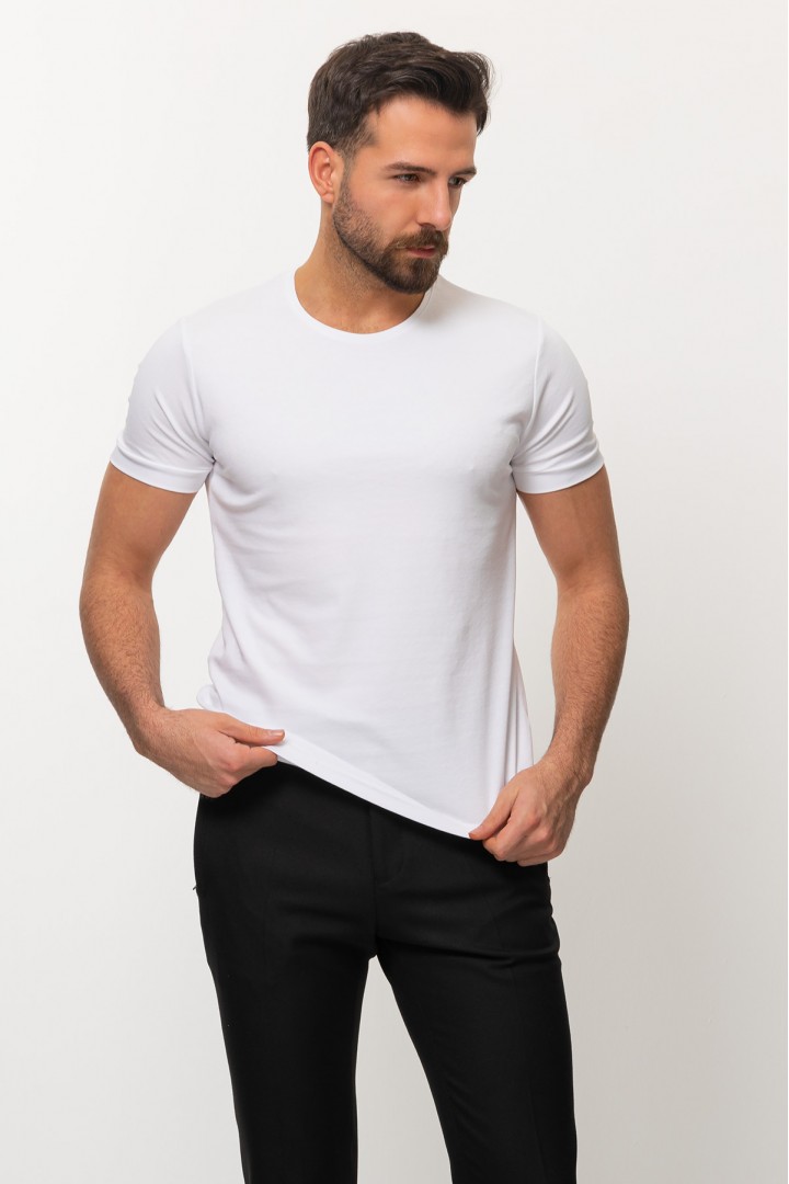 White Color Cotton And Elastane Fabric With Crew Neck Detail Basic Mens T Shirt