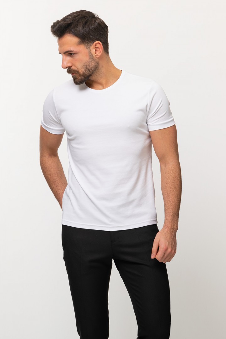 White Color Cotton And Elastane Fabric With Crew Neck Detail Basic Mens T Shirt