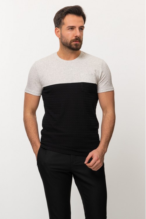 Black And Grey Color Combination Cotton And Elastane Fabric In Twain Detail Casual Mens T Shirt
