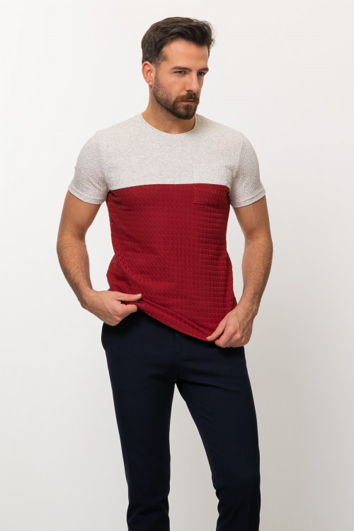 Claret Red And Grey Color Combination Cotton And Elastane Fabric In Twain Detail Casual Mens T Shirt