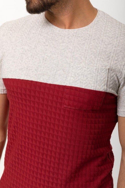 Claret Red And Grey Color Combination Cotton And Elastane Fabric In Twain Detail Casual Mens T Shirt