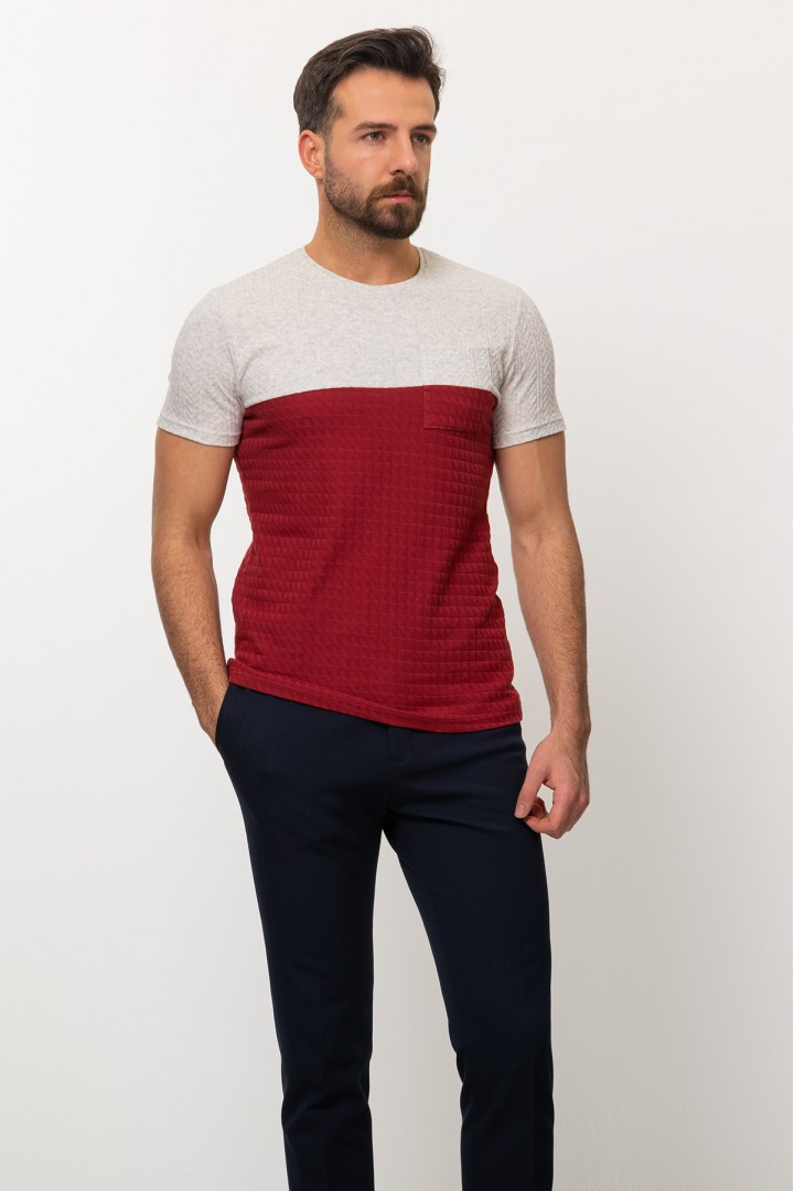 Claret Red And Grey Color Combination Cotton And Elastane Fabric In Twain Detail Casual Mens T Shirt