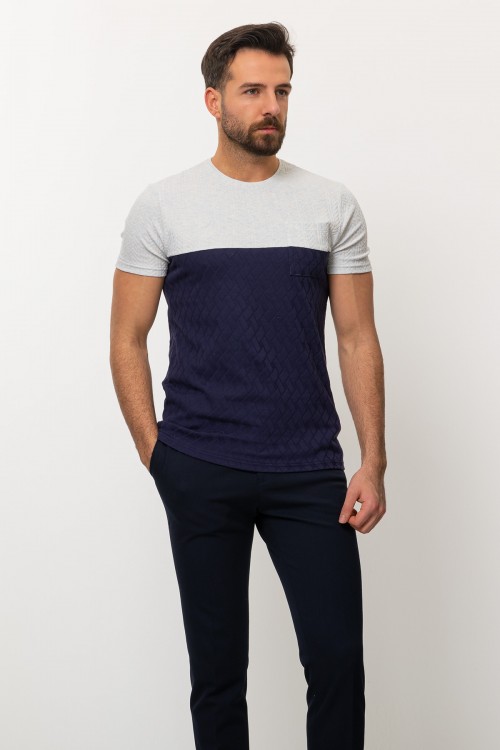 Dark Blue And Blue Color Combination Cotton And Elastane Fabric In Twain Detail Casual Mens T Shirt