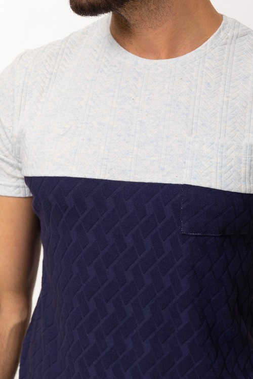 Dark Blue And Blue Color Combination Cotton And Elastane Fabric In Twain Detail Casual Mens T Shirt