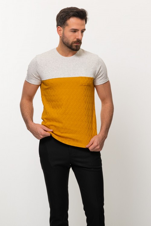 Yellow And Grey Color Combination Cotton And Elastane Fabric In Twain Detail Casual Mens T Shirt
