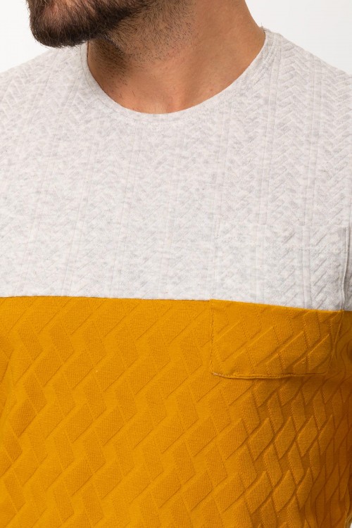 Yellow And Grey Color Combination Cotton And Elastane Fabric In Twain Detail Casual Mens T Shirt
