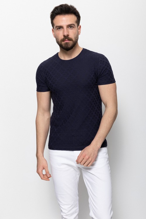 Dark Blue Color Cotton And Elastane Fabric Pattern Design Casual Crew Neck Mens T Shirt