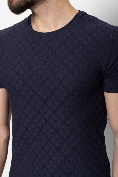 Dark Blue Color Cotton And Elastane Fabric Pattern Design Casual Crew Neck Mens T Shirt