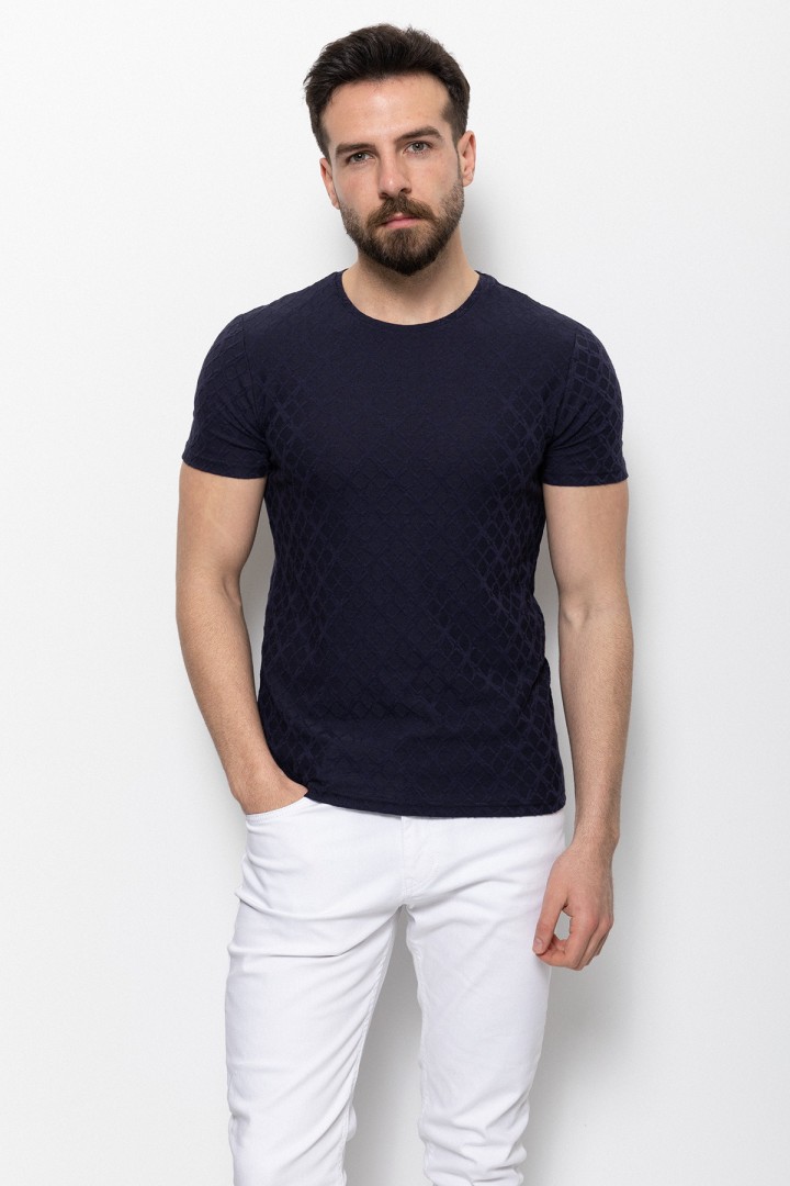 Dark Blue Color Cotton And Elastane Fabric Pattern Design Casual Crew Neck Mens T Shirt