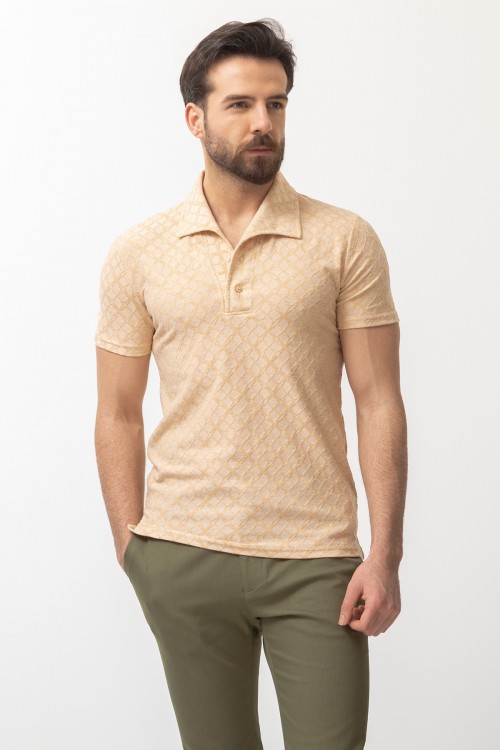Beige Color Cotton And Elastane Fabric Lapel Collar With Pattern Design Casual Mens T Shirt