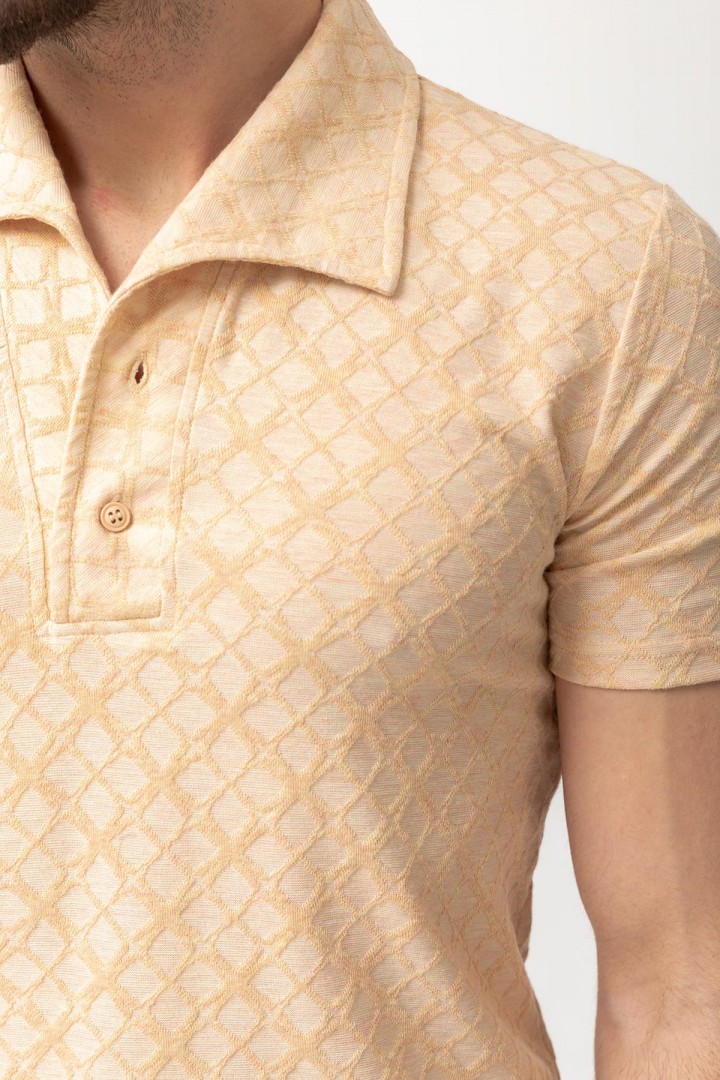 Beige Color Cotton And Elastane Fabric Lapel Collar With Pattern Design Casual Mens T Shirt