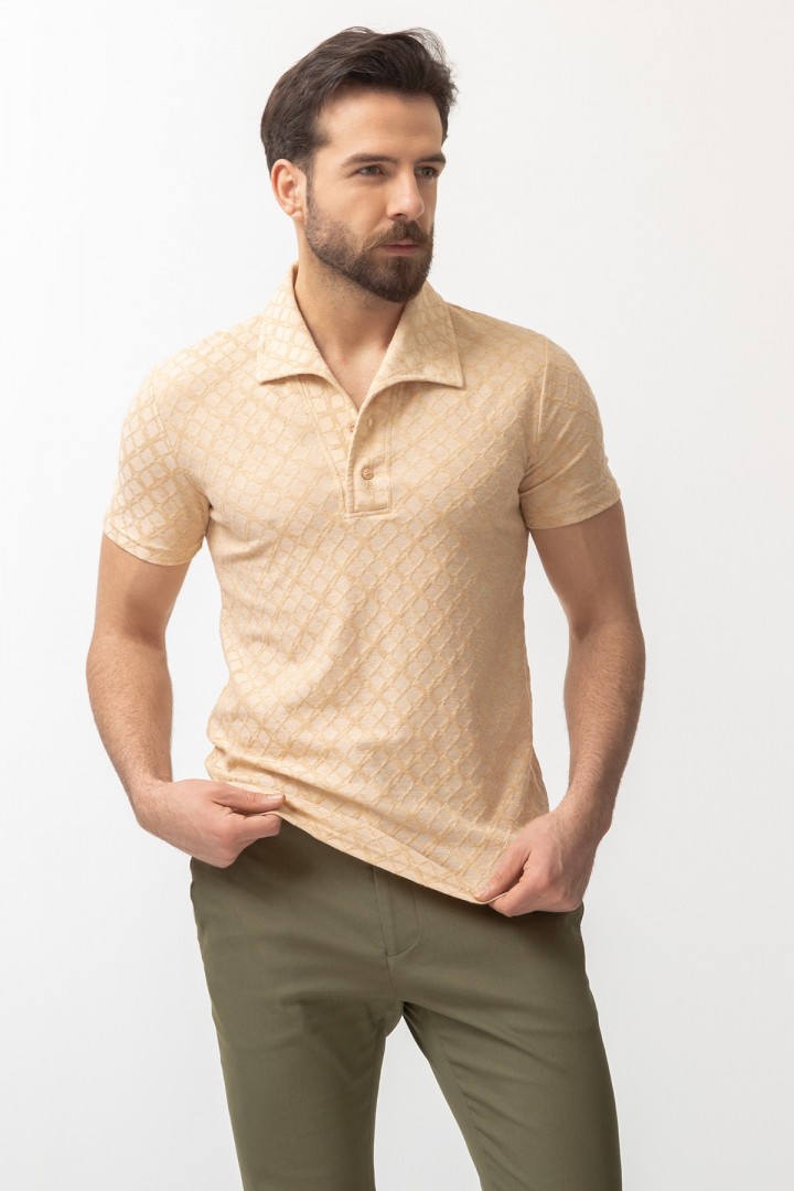 Beige Color Cotton And Elastane Fabric Lapel Collar With Pattern Design Casual Mens T Shirt
