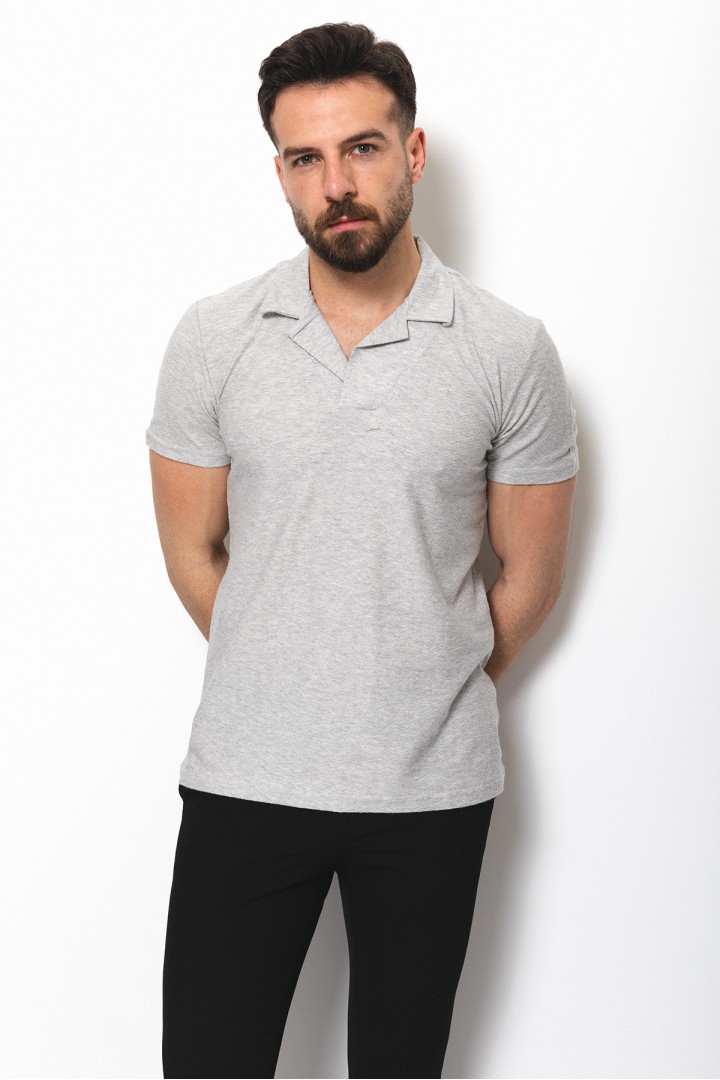 Grey Color Cotton And Elastane Fabric With Lapel Collar Detail Casual Mens Tshirt