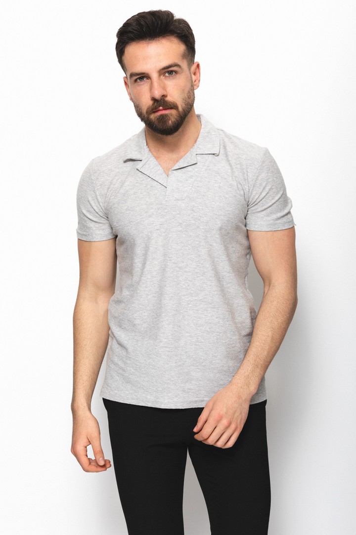 Grey Color Cotton And Elastane Fabric With Lapel Collar Detail Casual Mens Tshirt