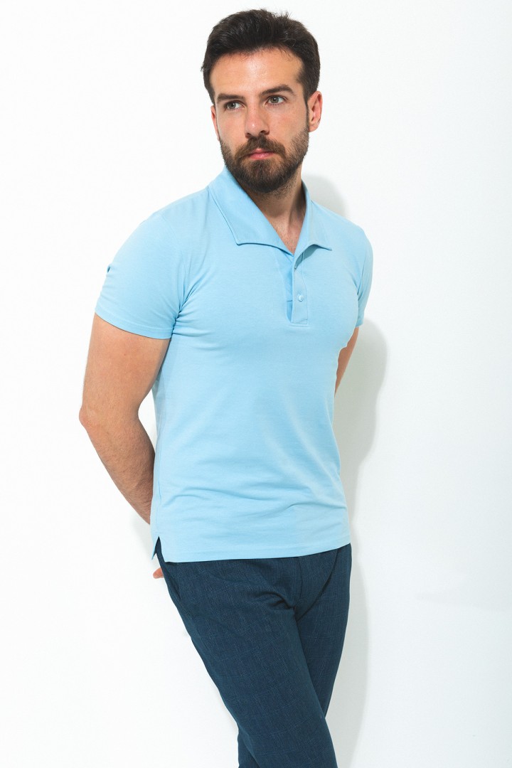 Blue Color Cotton And Elastane Fabric With Wide Polo Collar Casual Mens Tshirt