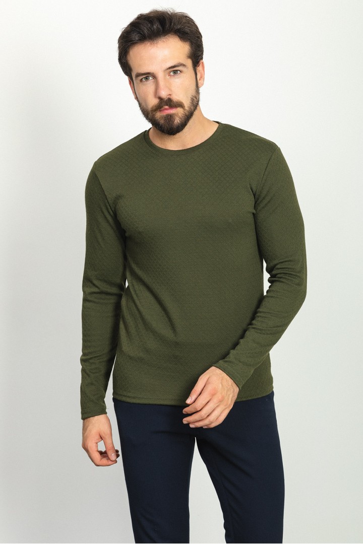 Khaki Color Cotton And Elastane Fabric With Dobby Detail Casual Mens Tshirt