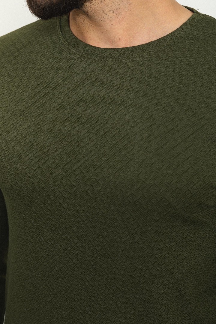 Khaki Color Cotton And Elastane Fabric With Dobby Detail Casual Mens Tshirt