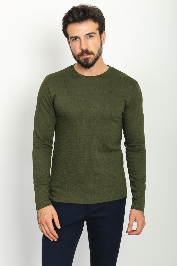 Khaki Color Cotton And Elastane Fabric With Dobby Detail Casual Mens Tshirt