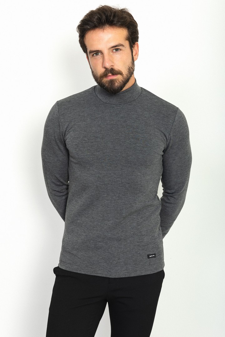 Anthracite Color Viscose And Elastane Fabric With Mock Turtleneck Detail Basic Mens Tshirt