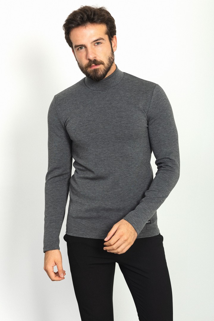 Anthracite Color Viscose And Elastane Fabric With Mock Turtleneck Detail Basic Mens Tshirt