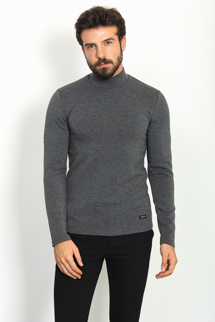 Anthracite Color Viscose And Elastane Fabric With Mock Turtleneck Detail Basic Mens Tshirt