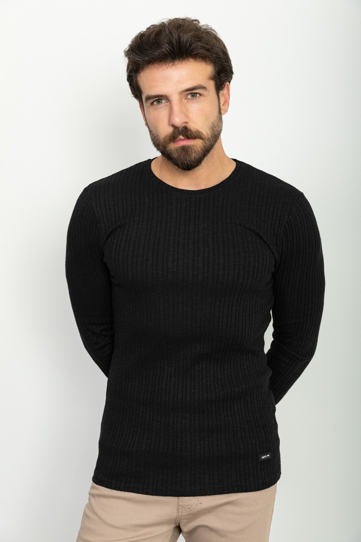Black Color Cotton And Elastane Fabric With Pinstripe And Crew Neck Detail Casual Mens Tshirt