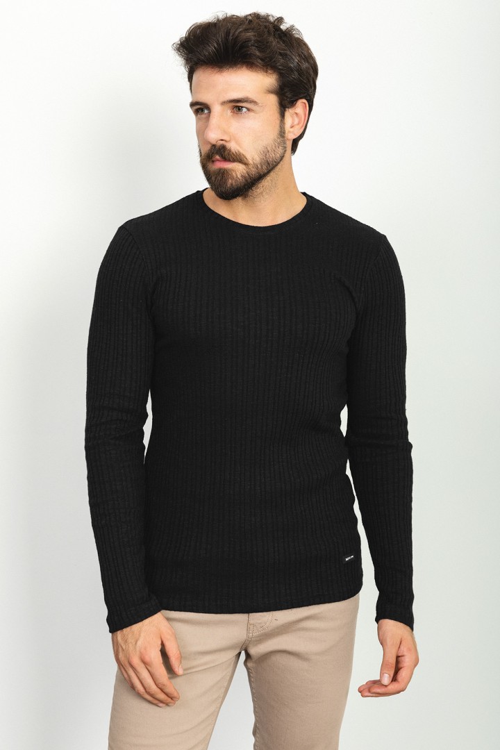 Black Color Cotton And Elastane Fabric With Pinstripe And Crew Neck Detail Casual Mens Tshirt