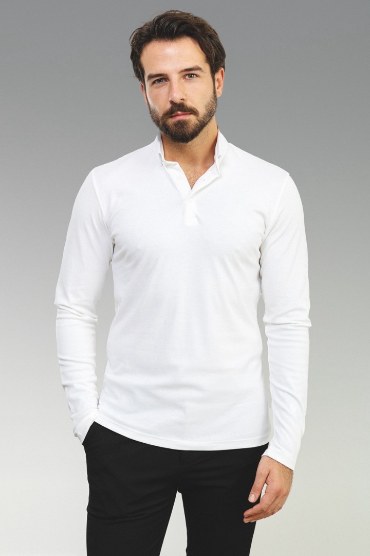 Ecru Color Cotton And Elastane Fabric With Polo Collar Detail Basic Long Sleeve Mens Tshirt