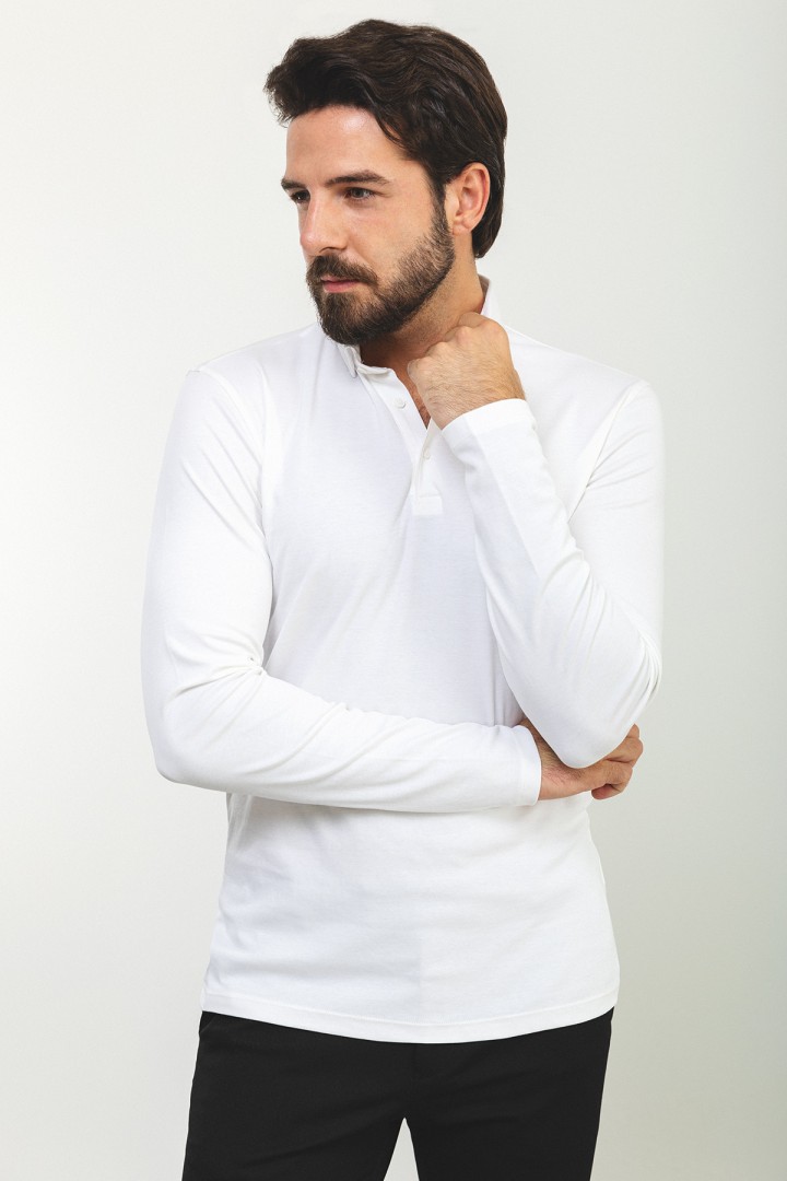 Ecru Color Cotton And Elastane Fabric With Polo Collar Detail Basic Long Sleeve Mens Tshirt
