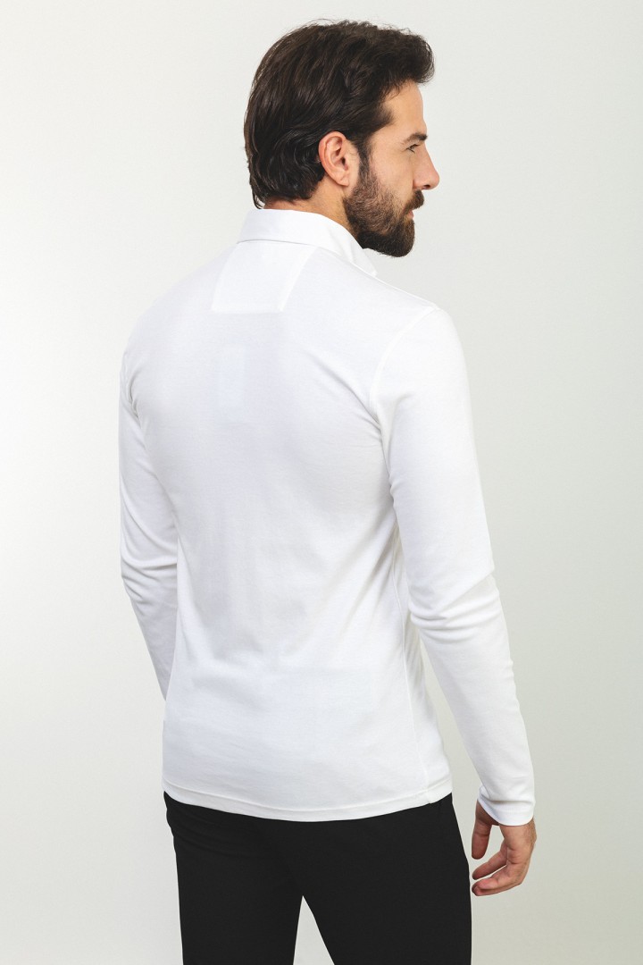 Ecru Color Cotton And Elastane Fabric With Polo Collar Detail Basic Long Sleeve Mens Tshirt