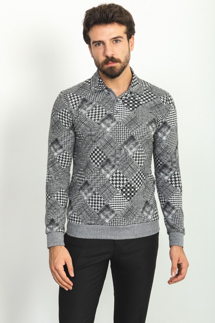 Black Color Cotton And Elastane Fabric With Figured Design Long Sleeve Casual Mens Tshirt
