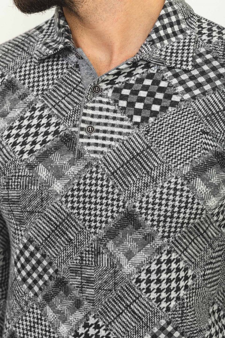 Black Color Cotton And Elastane Fabric With Figured Design Long Sleeve Casual Mens Tshirt