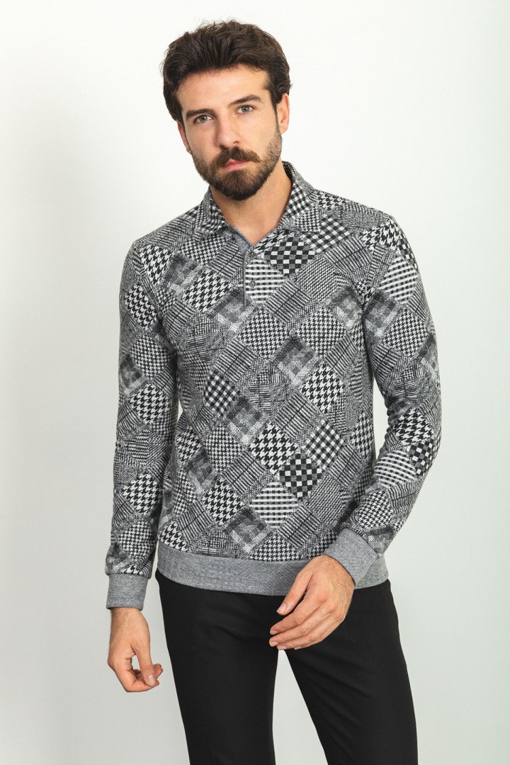 Black Color Cotton And Elastane Fabric With Figured Design Long Sleeve Casual Mens Tshirt