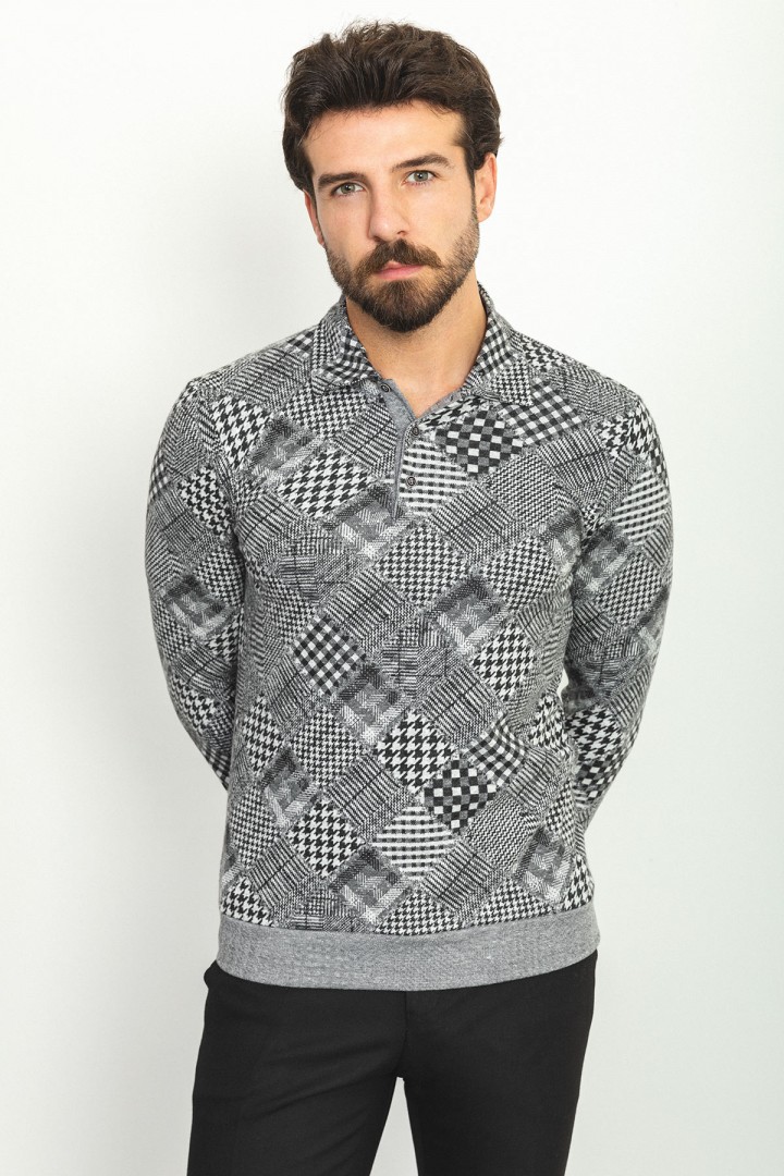 Black Color Cotton And Elastane Fabric With Figured Design Long Sleeve Casual Mens Tshirt
