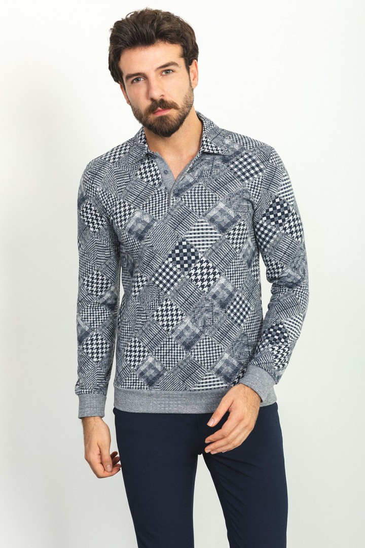 Dark Blue Color Cotton And Elastane Fabric With Figured Design Long Sleeve Casual Mens Tshirt
