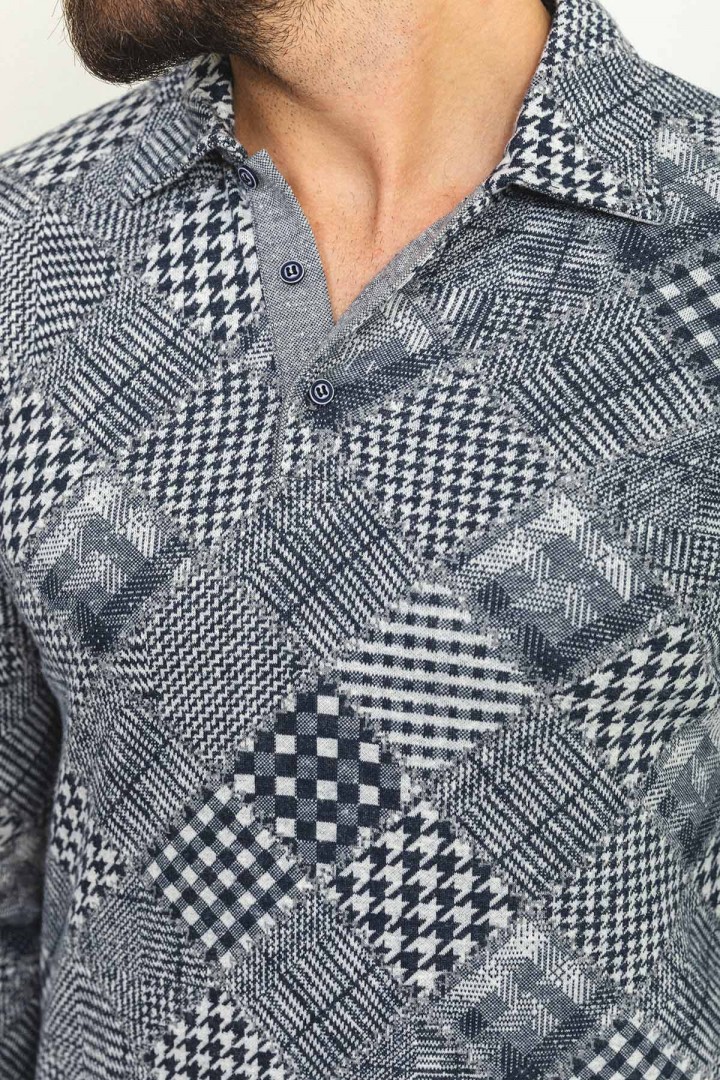 Dark Blue Color Cotton And Elastane Fabric With Figured Design Long Sleeve Casual Mens Tshirt