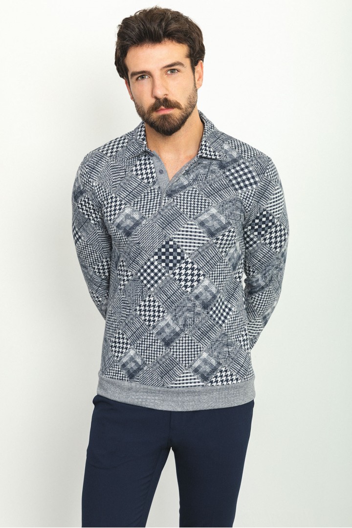 Dark Blue Color Cotton And Elastane Fabric With Figured Design Long Sleeve Casual Mens Tshirt
