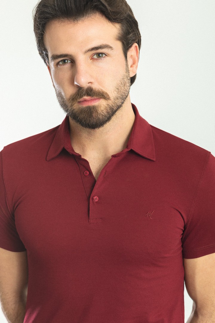 Claret Red Color Shirt Collar Design Classic Men's Cotton T Shirt