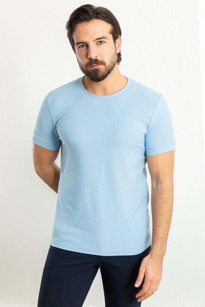 Blue Color Crew Neck And Figured Design Casual Men's Cotton T Shirt