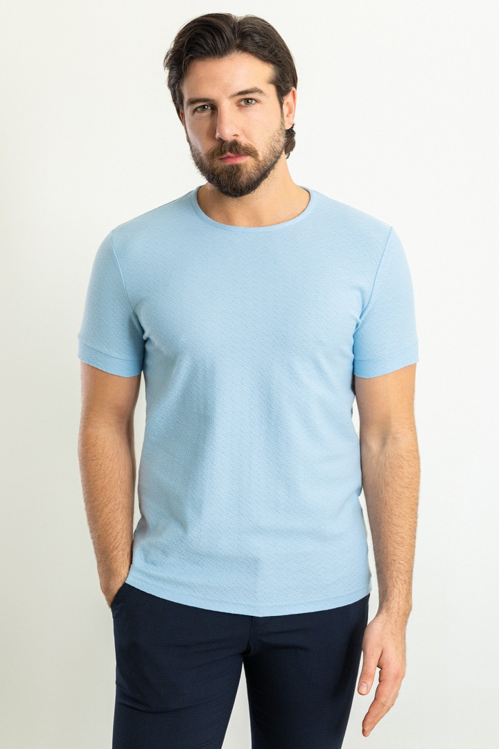 Blue Color Crew Neck And Figured Design Casual Men's Cotton T Shirt