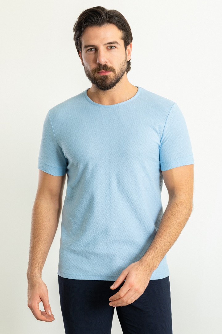 Blue Color Crew Neck And Figured Design Casual Men's Cotton T Shirt