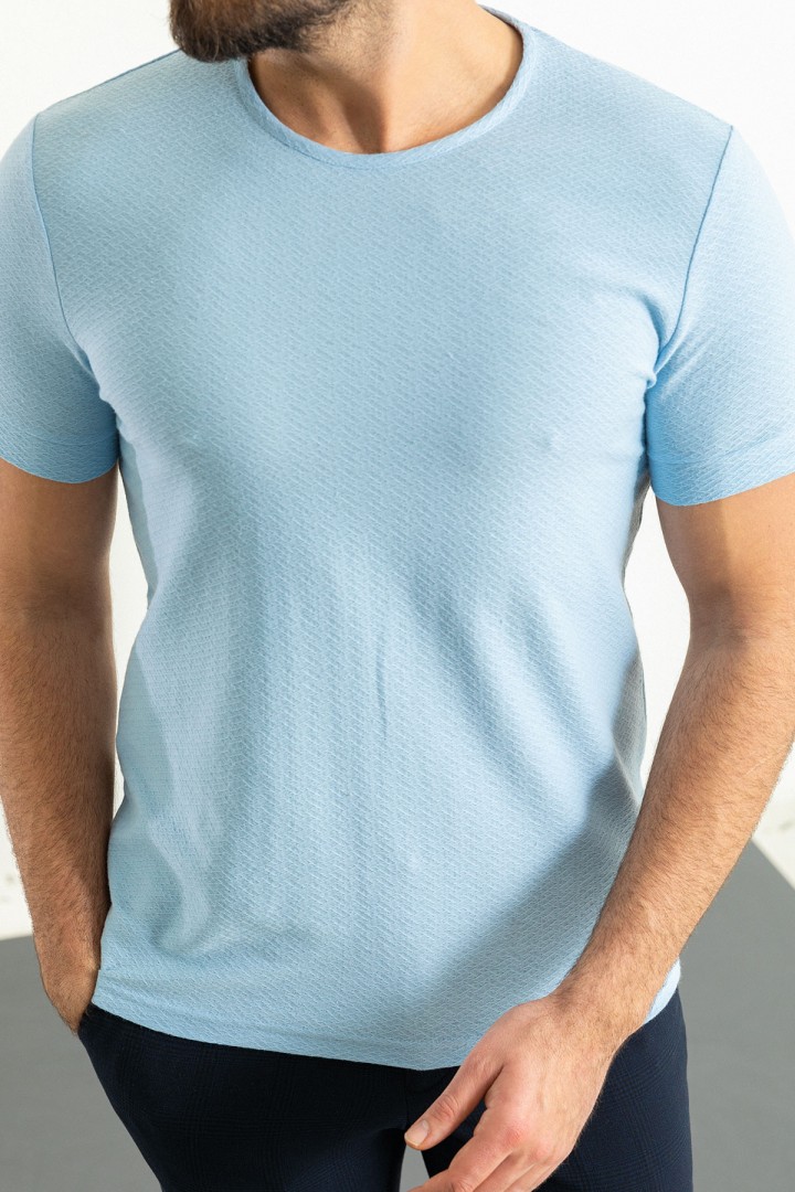 Blue Color Crew Neck And Figured Design Casual Men's Cotton T Shirt