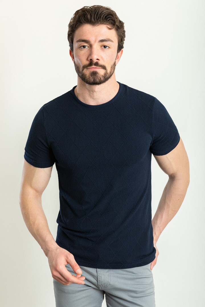 Dark Blue Color Crew Neck Design Casual Men's Cotton T Shirt