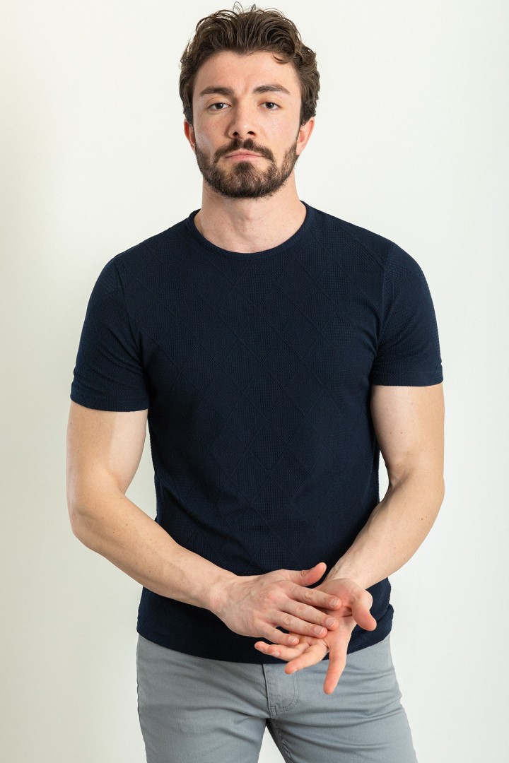 Dark Blue Color Crew Neck Design Casual Men's Cotton T Shirt