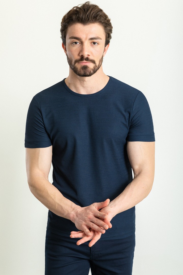 Dark Blue Color Crew Neck Design Casual Men's Cotton T Shirt