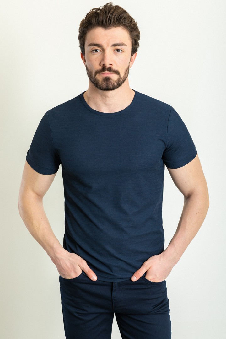 Dark Blue Color Crew Neck Design Casual Men's Cotton T Shirt