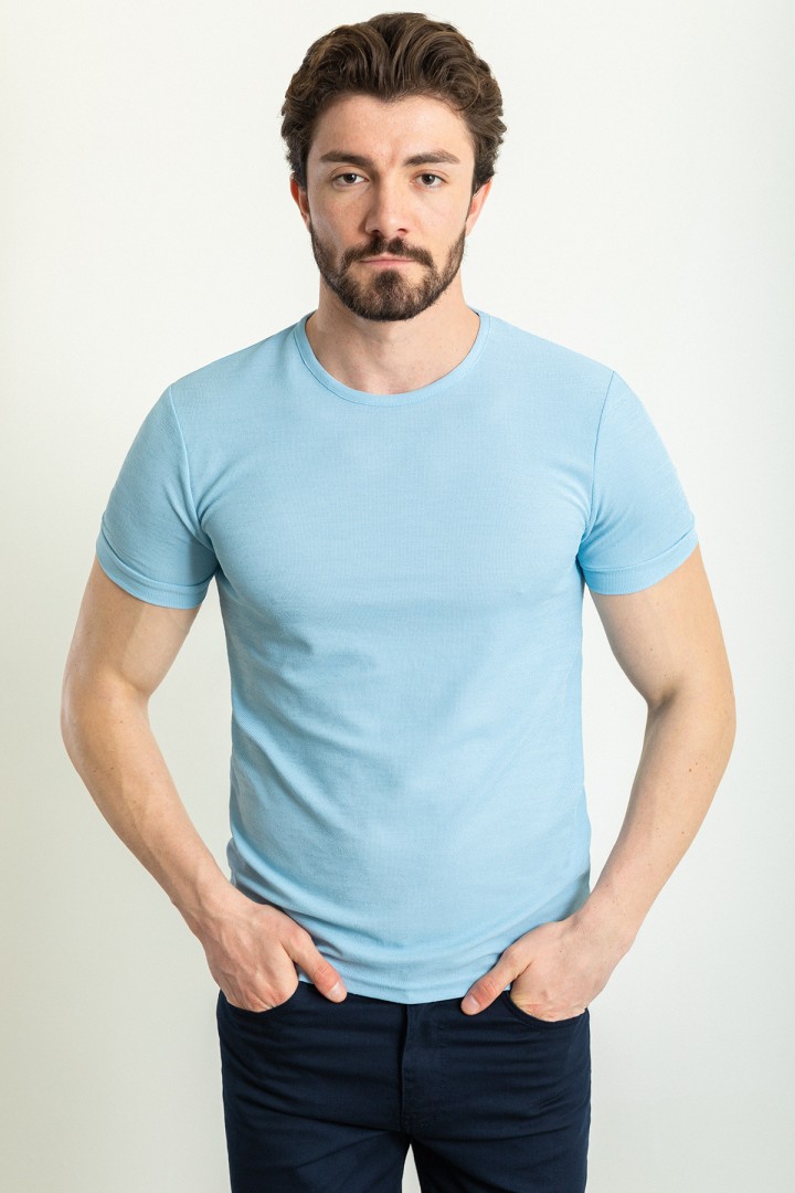 Blue Color Crew Neck Design Casual Men's Cotton T Shirt